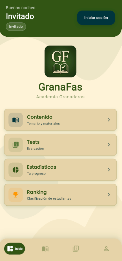 Pantalla principal de la app GranaFas